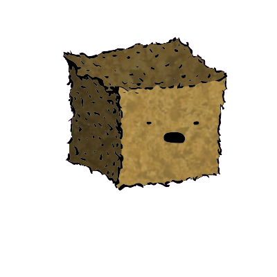 a small square crouton with a wide-eyed face (blinking)