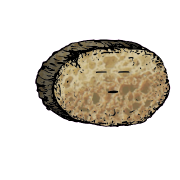 a large round crouton with a suspicious face (blinking)