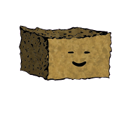 a rectangular crouton with a contented face (blinking)