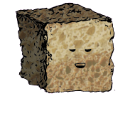 a large square crouton with a relaxed face