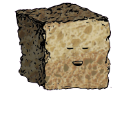 a large square crouton with a relaxed face (blinking)