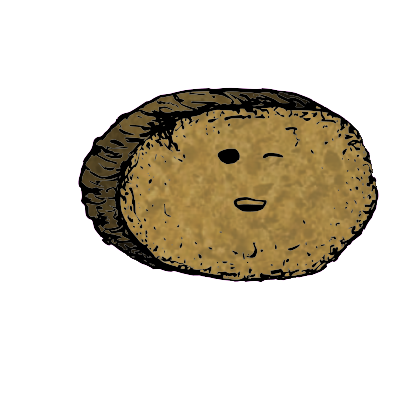 a large round crouton with a relaxed face (content)