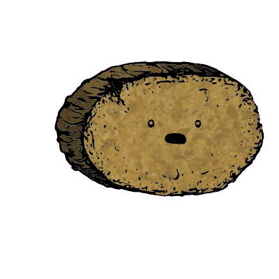 a large round crouton with a wide-eyed face