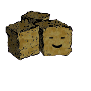a cluster of three croutons with a contented face (blinking)