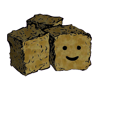 a cluster of three croutons with a contented face