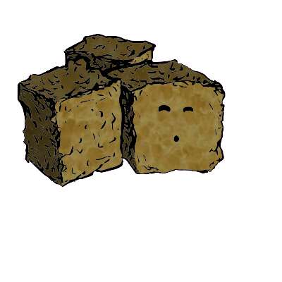 a cluster of three croutons with an excited face (content)