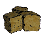 a cluster of three croutons with a cheerful face (blinking)