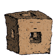 a menger sponge crouton with a suspicious face (blinking)