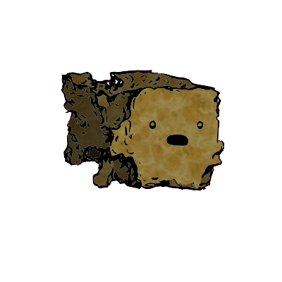 a crumbled square crouton with a wide-eyed face