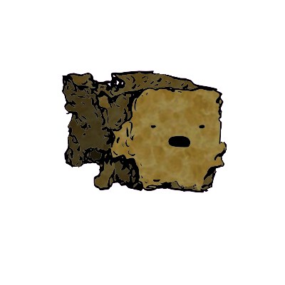 a crumbled square crouton with a wide-eyed face (blinking)