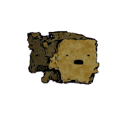 a crumbled square crouton with a wide-eyed face (blinking)