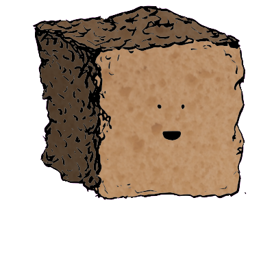 a large square crouton with an excited face (blinking)