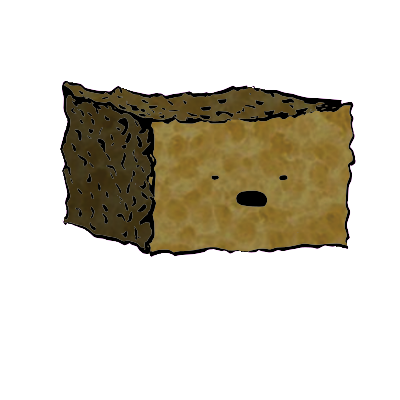 a rectangular crouton with a wide-eyed face (blinking)