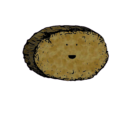a large round crouton with an excited face (blinking)