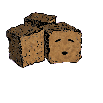 a cluster of three croutons with a suspicious face (content)