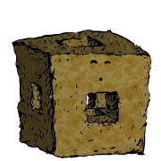 a menger sponge crouton with an excited face (content)