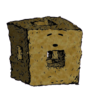 a menger sponge crouton with a suspicious face (content)