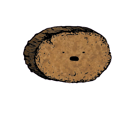 a large round crouton with a wide-eyed face (blinking)