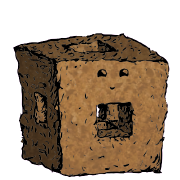 a menger sponge crouton with an expressive face (content)