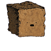a large square crouton with a wide-eyed face (blinking)