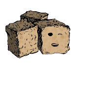a cluster of three croutons with a relaxed face (content)