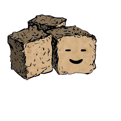 a cluster of three croutons with a contented face (blinking)