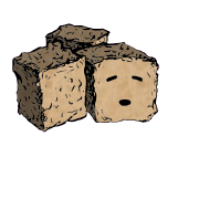 a cluster of three croutons with a suspicious face (content)