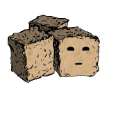 a cluster of three croutons with a suspicious face