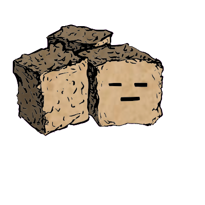 a cluster of three croutons with a blocky face (blinking)