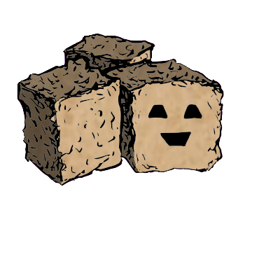 a cluster of three croutons with a blocky face (content)