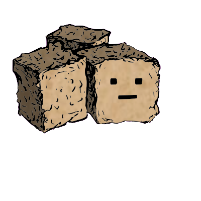 a cluster of three croutons with a blocky face