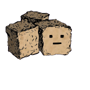 a cluster of three croutons with a blocky face