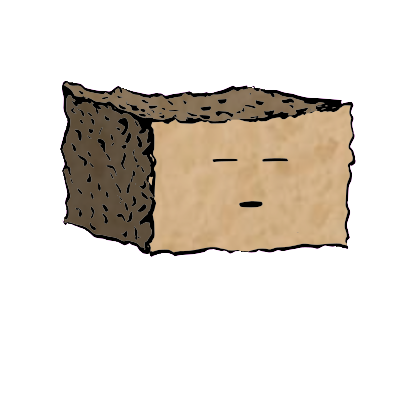 a rectangular crouton with a suspicious face (blinking)