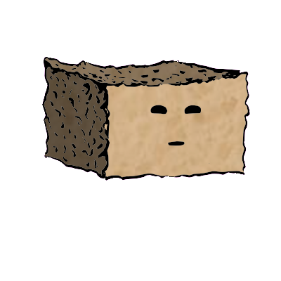 a rectangular crouton with a suspicious face