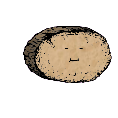 a large round crouton with a cheerful face (blinking)