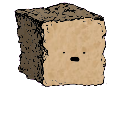 a large square crouton with a wide-eyed face (blinking)