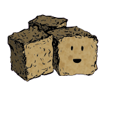 a cluster of three croutons with an excited face