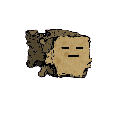 a crumbled square crouton with a blocky face (blinking)