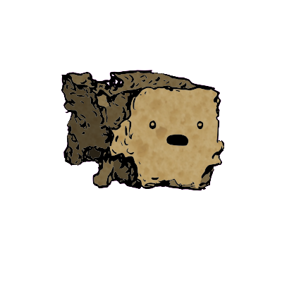 a crumbled square crouton with a wide-eyed face