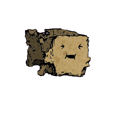 a crumbled square crouton with a cheerful face (content)