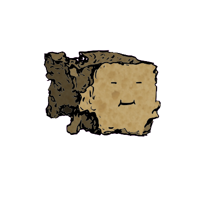 a crumbled square crouton with a cheerful face (blinking)