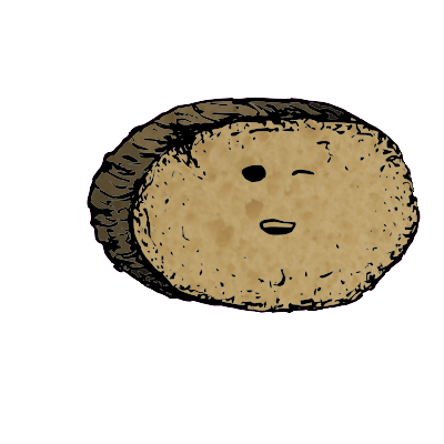 a large round crouton with a relaxed face (content)