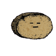 a large round crouton with a blocky face (blinking)