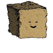 a large square crouton with a contented face (blinking)