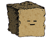 a large square crouton with a blocky face (blinking)