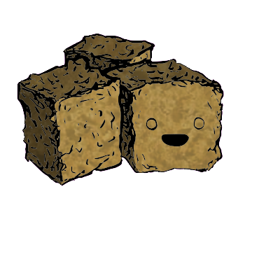 a cluster of three croutons with a wide-eyed face (content)