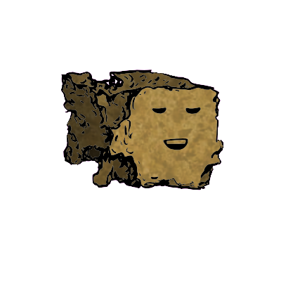a crumbled square crouton with a relaxed face