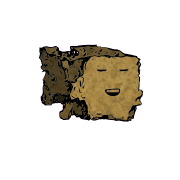 a crumbled square crouton with a relaxed face (blinking)