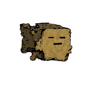 a crumbled square crouton with a blocky face (blinking)