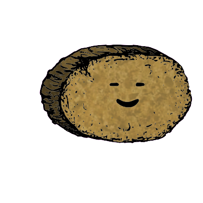 a large round crouton with a contented face (blinking)